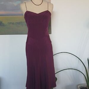 Nicole Miller Collection 100% Silk Deco Spaghetti Strap Plum Midi Dress